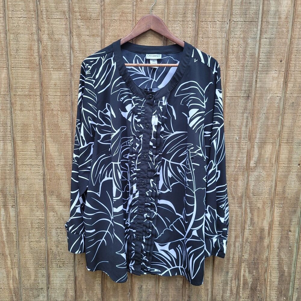 Catherines Long Sleeve Black & White Floral Print Plus Womens Size 2X
